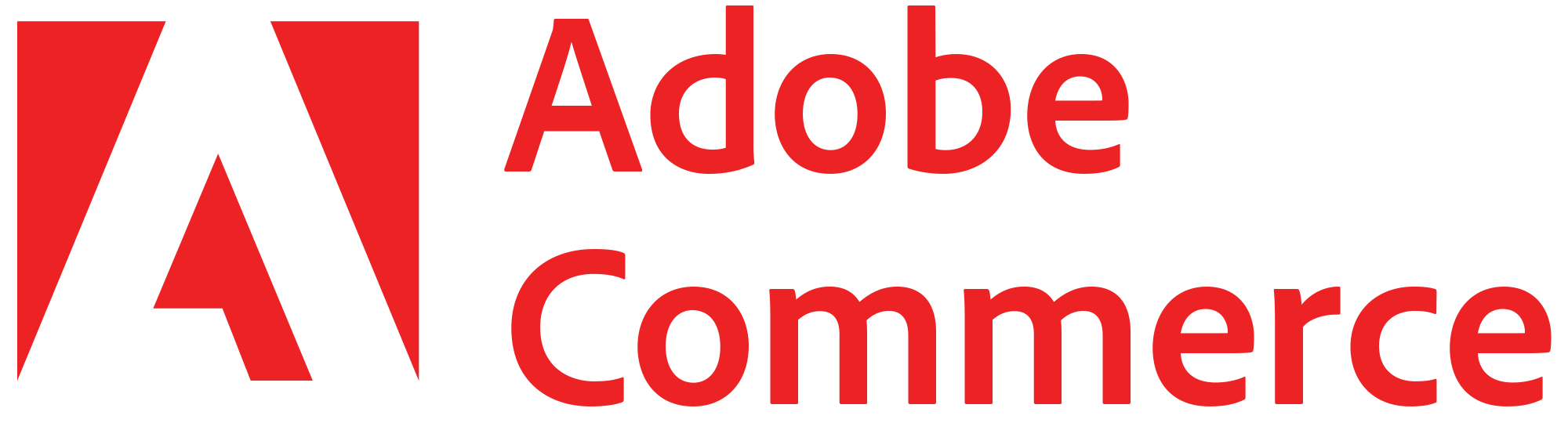 Adobe Commerce logo with a large stylized letter 'A' in red and black, and the words 'Adobe Commerce' in red and black text.