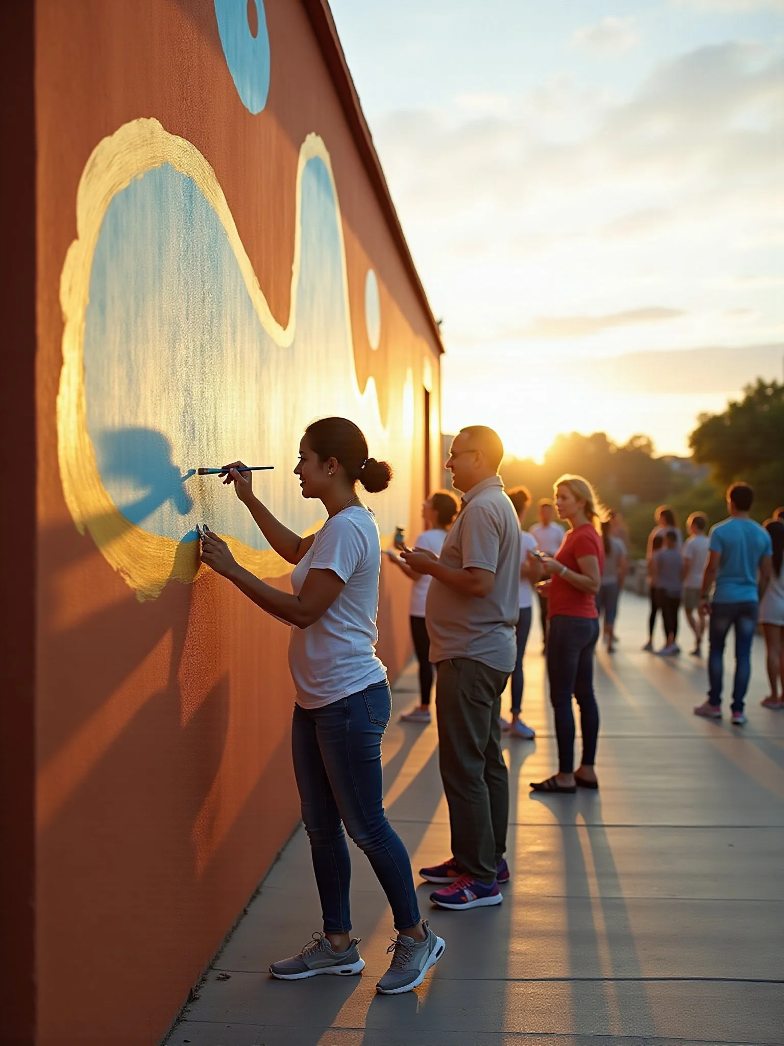 A group of people painting a large mural on an orange wall during sunset, with the artist in the foreground painting light blue shapes outlined in gold.