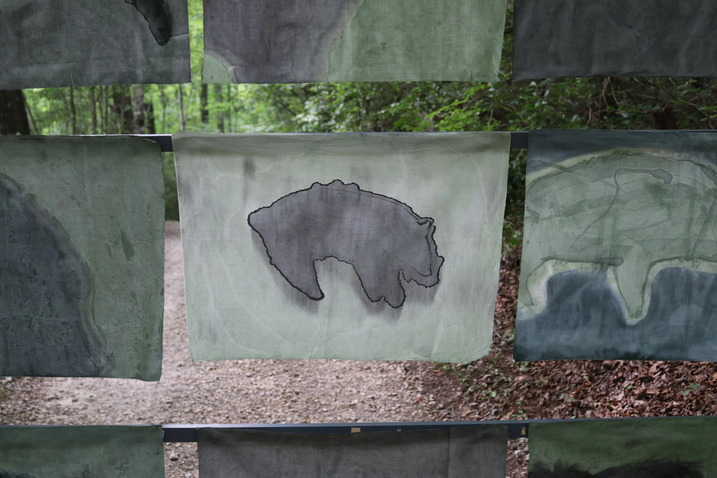 Song of Amergin (Floating, outdoors), Am Torc Ar Gail/I Am A Strong Wild Boar, Acrylic, dye, muslin, rope, 120” X 96”, Installation at the Hambidge Center for the Arts, Rabun Gap, GA, 2019, (detail iii)