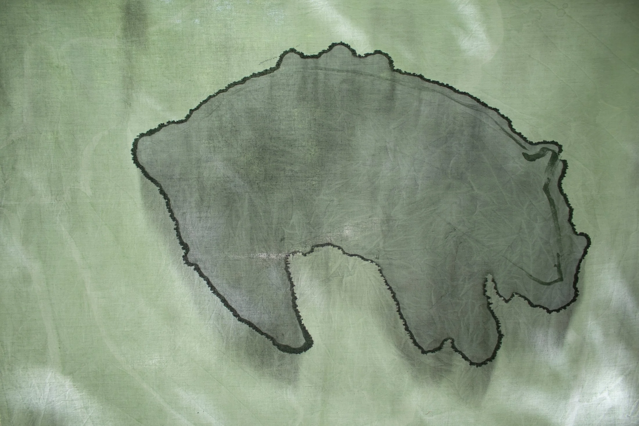 Song of Amergin (Floating with support, outdoors), Am Torc Ar Gail/I Am A Strong Wild Boar, Acrylic, dye, muslin, rope, wood, cinder blocks, 18" x 24", Installation at the Hambidge Center for the Arts, Rabun Gap, GA, 2019, detail