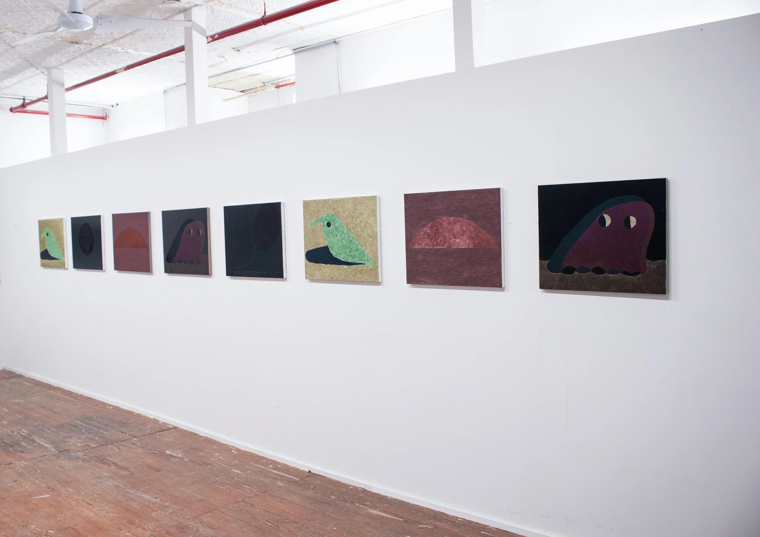 Ghost, Bird, Balloon, UFO (Install View I), 2020-21, Oil on Linen, 20 X 24 (each canvas)
