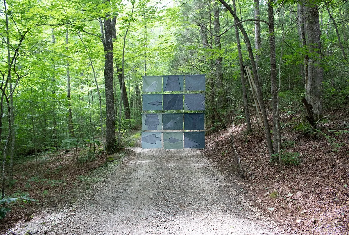 Song of Amergin (Floating, outdoors), Am bri i fodb fras feochtu/I am the head of the spear in battle, Acrylic, dye, muslin, rope, wood, cinder blocks, 120” X 96," Installation at the Hambidge Center for the Arts, Rabun Gap, GA, 2019, installation vi