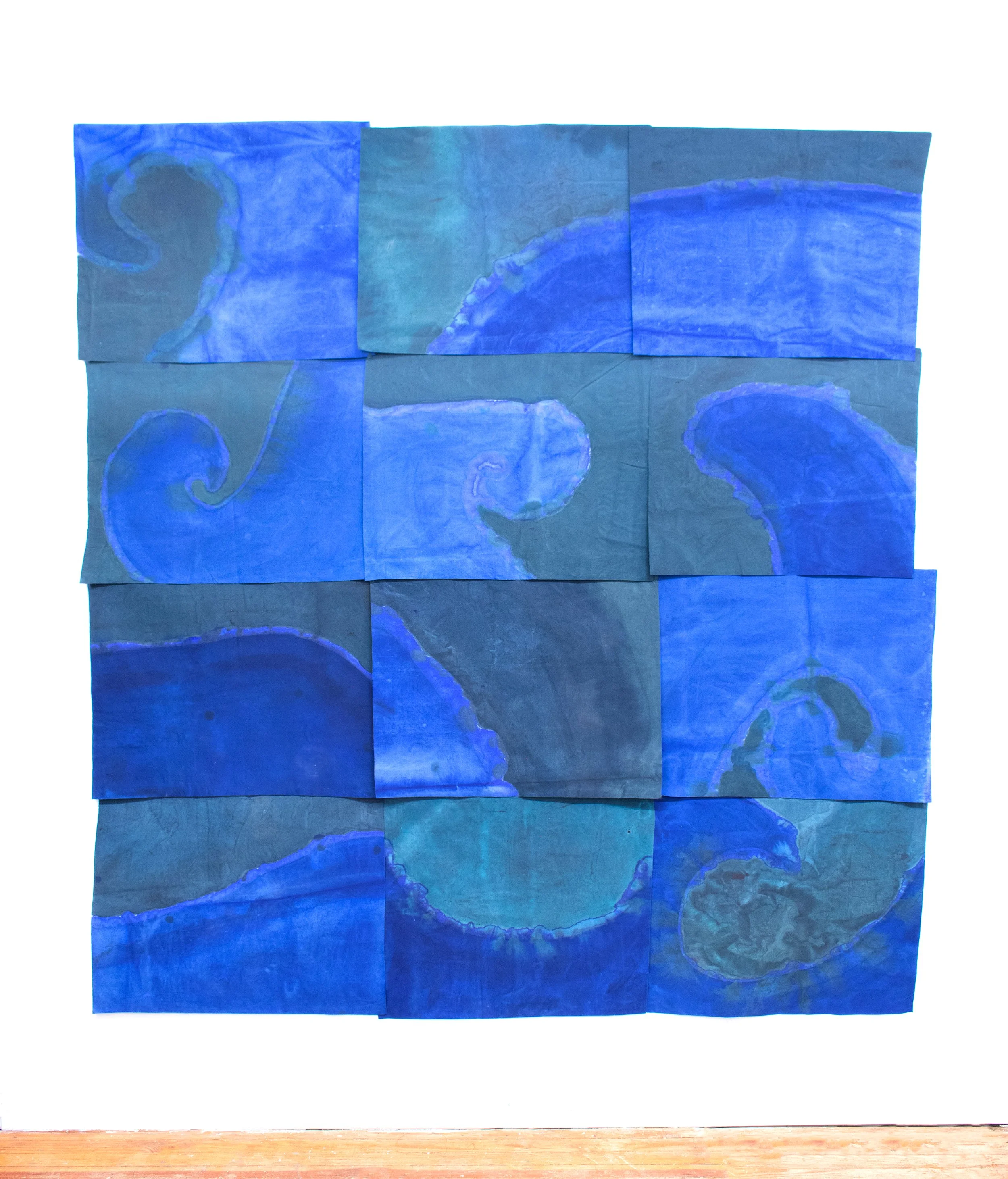 Song of Amergin (Pinned), Am tond trethan i tír/I Am The Wave Of The Sea, 2019, Acrylic, dye, muslin, map pins, 96” X 84”