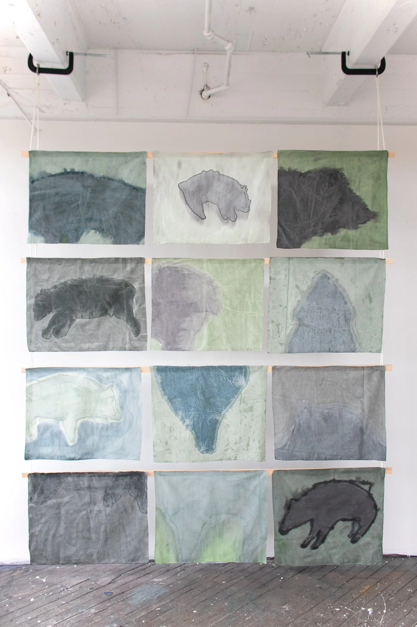 Song of Amergin (Floating with wooden support, clamps), Am Torc Ar Gail/I Am A Strong Wild Boar, 2019, Acrylic, dye, muslin, rope, wood, 120” X 96” X 1”