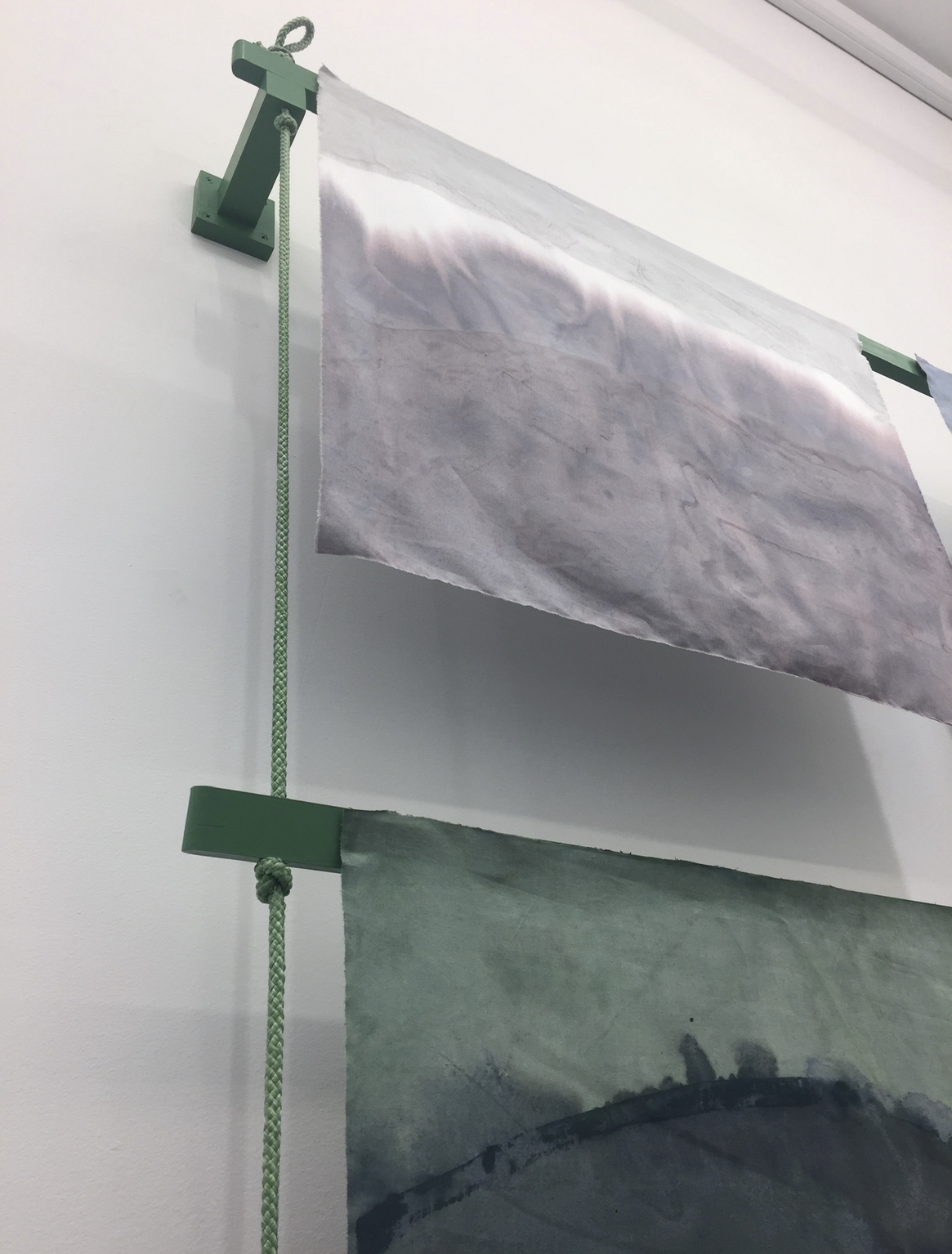 Song of Amergin (Floating with wooden support), Am Torc Ar Gail/I Am A Strong Wild Boar, 2019, Acrylic, dye, muslin, rope, wood, 120” X 96” X 6," detail ii