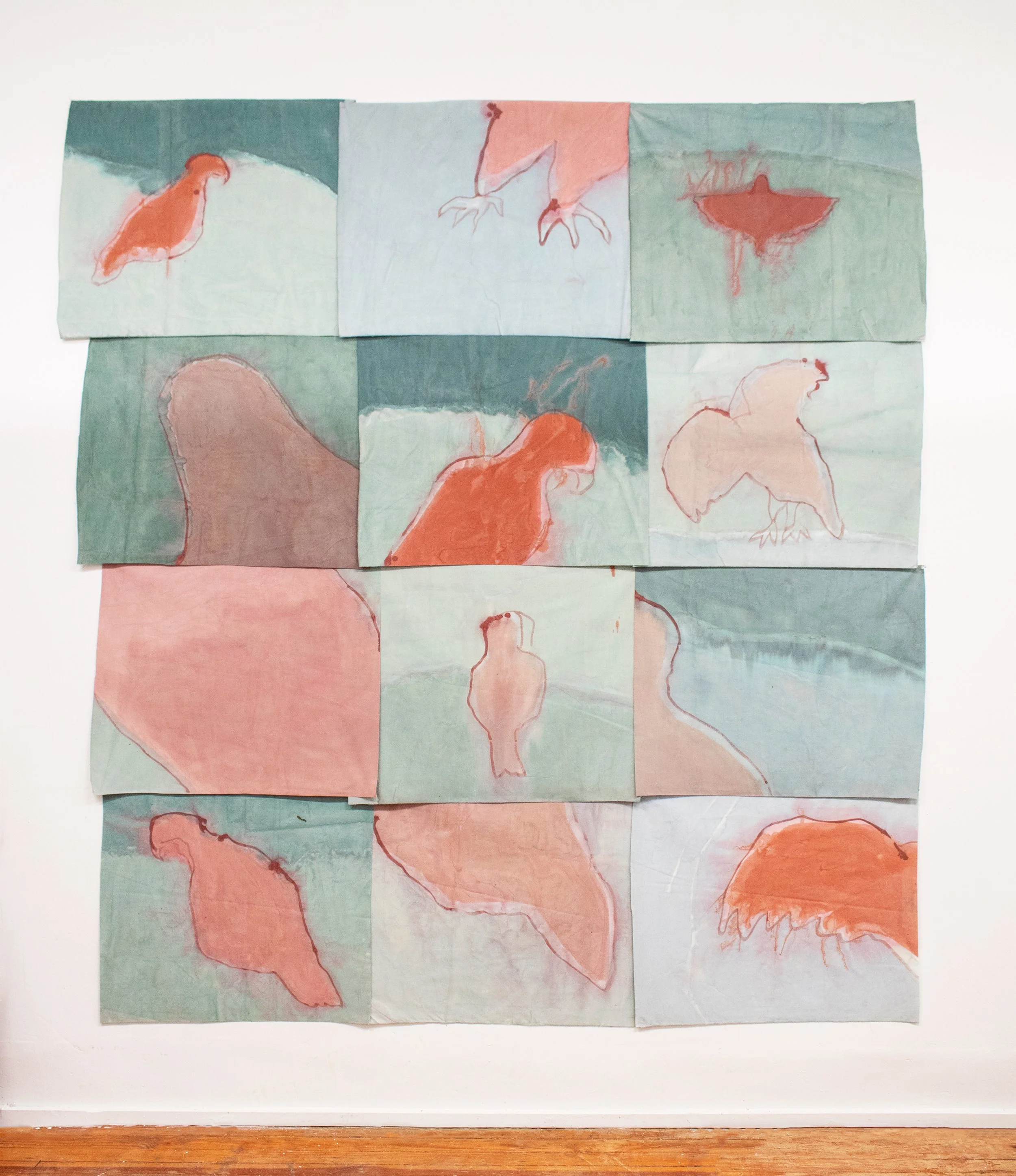 Song of Amergin (Pinned), Am séig i n-aill/I Am The Eagle on the rock, 2019, Acrylic, dye, muslin, map pins, 96” X 84”