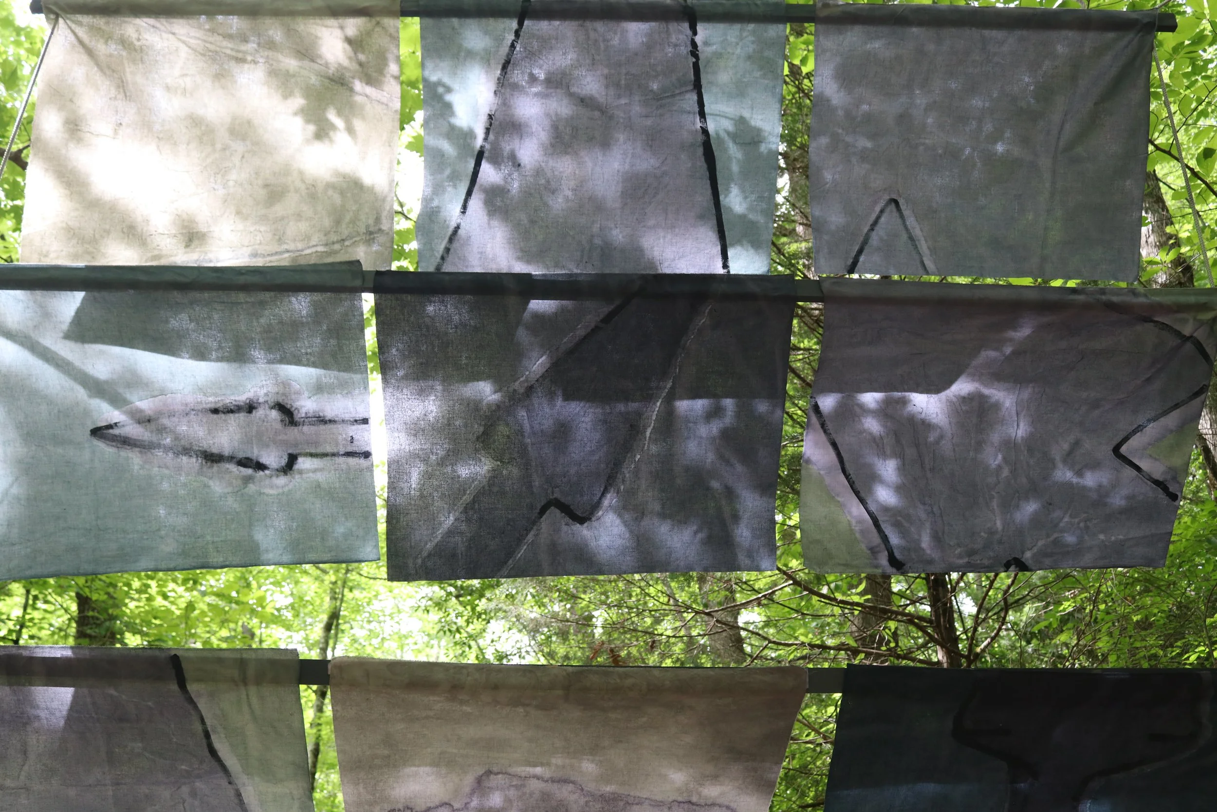 Song of Amergin (Floating, outdoors), Am bri i fodb fras feochtu/I am the head of the spear in battle, Acrylic, dye, muslin, rope, 120” X 96," Installation at the Hambidge Center for the Arts, Rabun Gap, GA, 2019, (detail i)