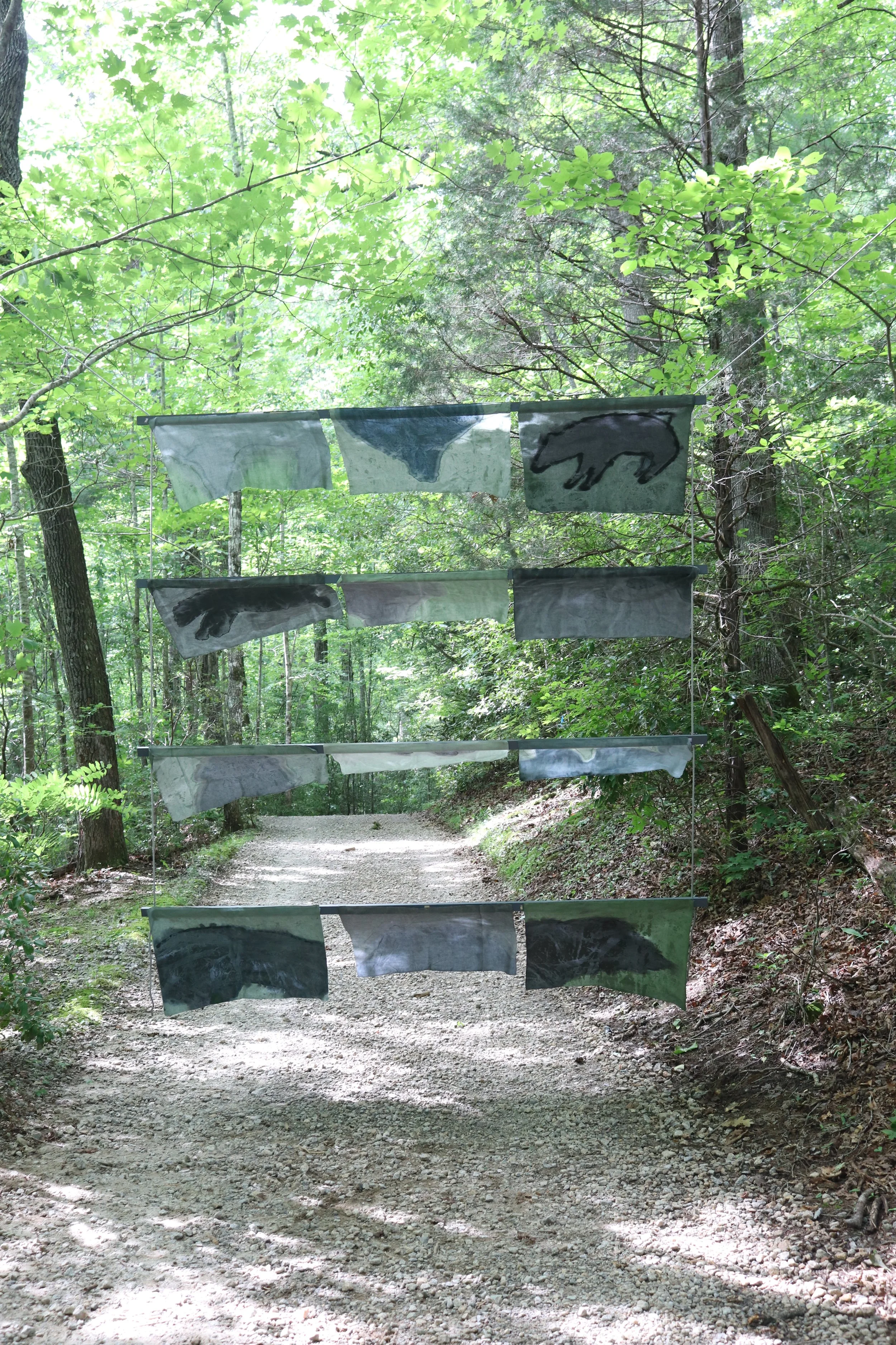Song of Amergin (Floating, outdoors), Am Torc Ar Gail/I Am A Strong Wild Boar, Acrylic, dye, muslin, rope, 120” X 96”, Installation at the Hambidge Center for the Arts, Rabun Gap, GA, 2019, view ii