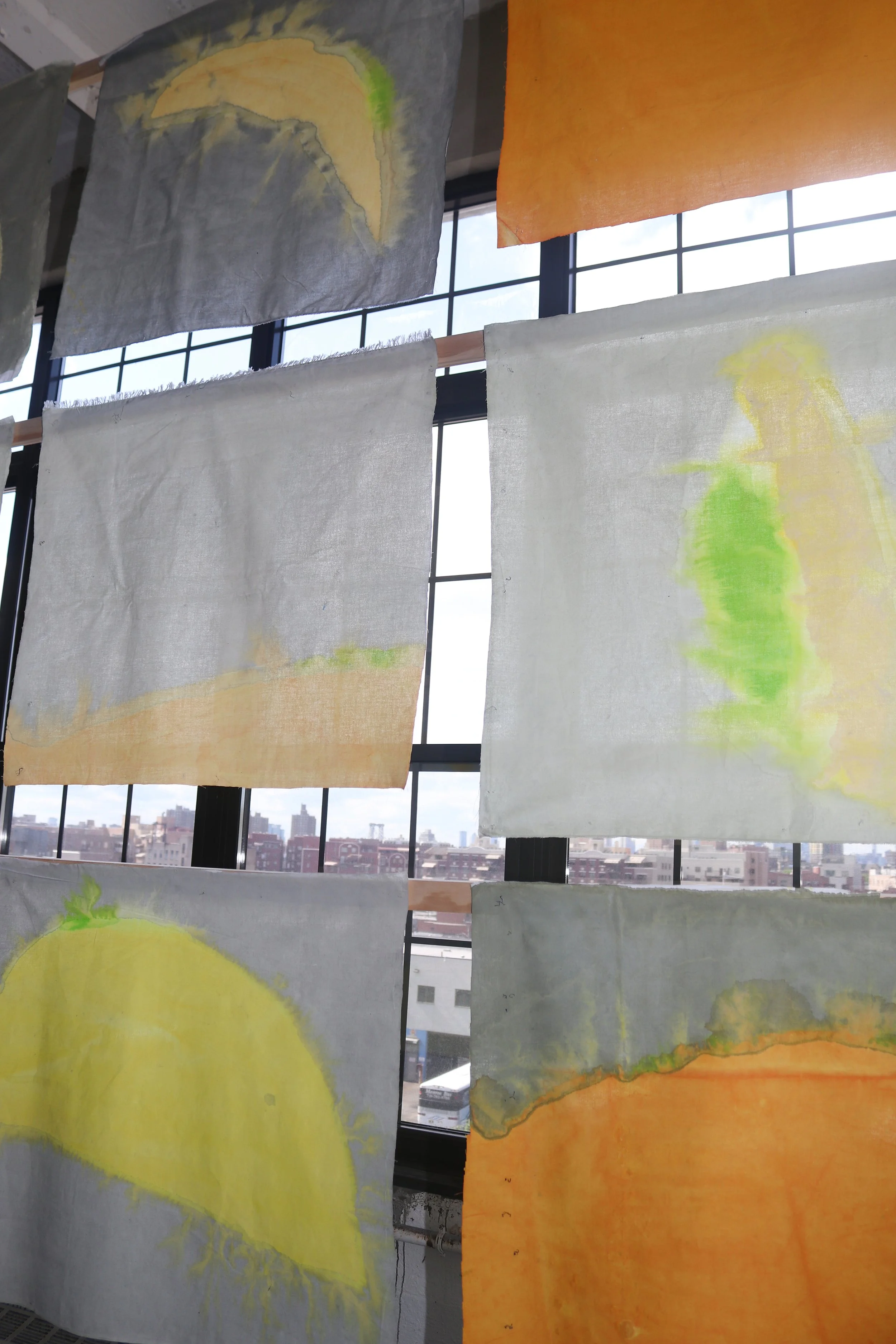 Song of Amergin (Floating with wooden support, clamps), Am séig i n-aill/I am the tear of the sun, 2019, Acrylic, dye, muslin, rope, wood, clamps, 120” X 96” X 6," detail i