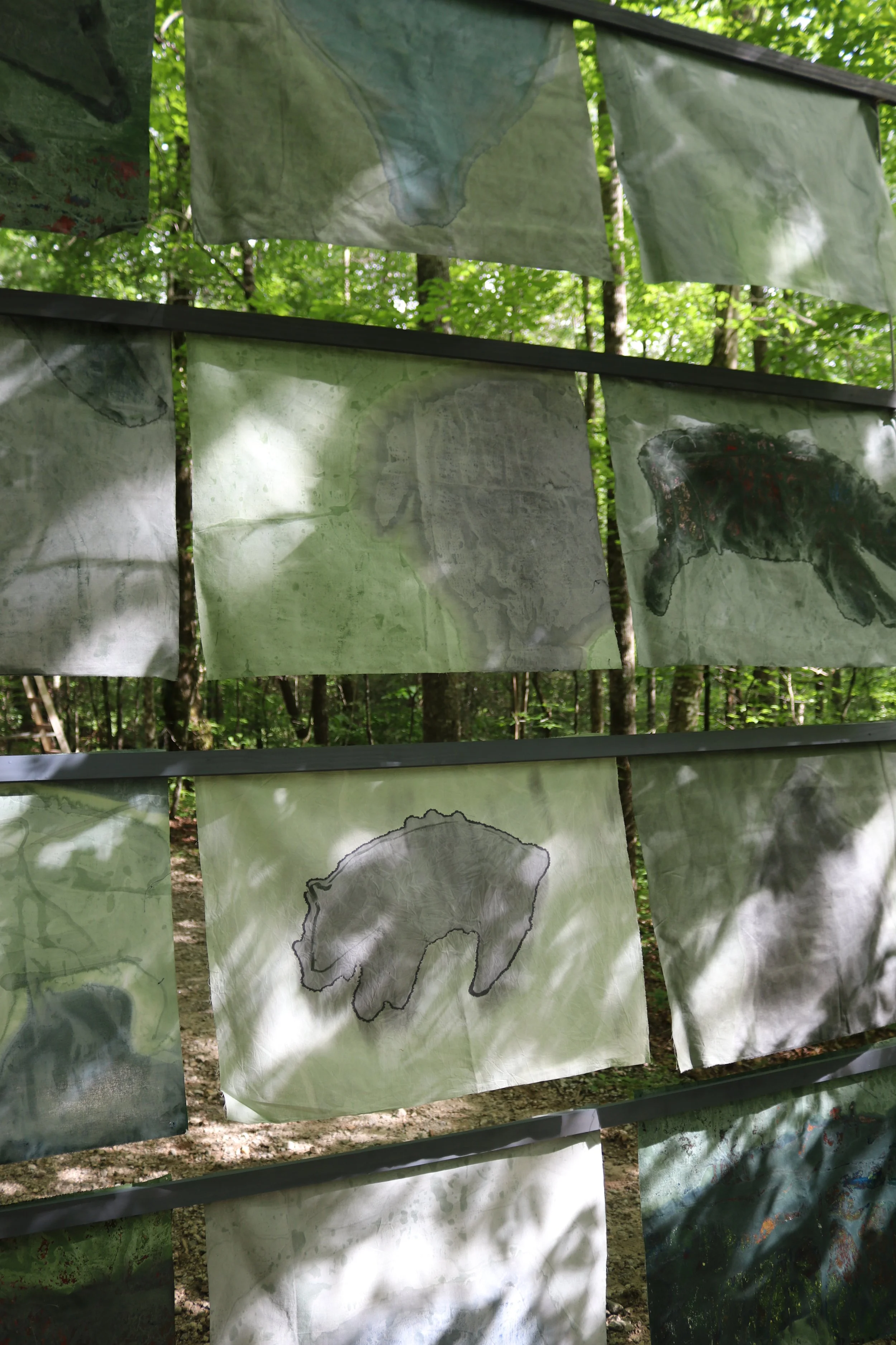 Song of Amergin (Floating, outdoors), Am Torc Ar Gail/I Am A Strong Wild Boar, Acrylic, dye, muslin, rope, 120” X 96”, Installation at the Hambidge Center for the Arts, Rabun Gap, GA, 2019, (detail i)