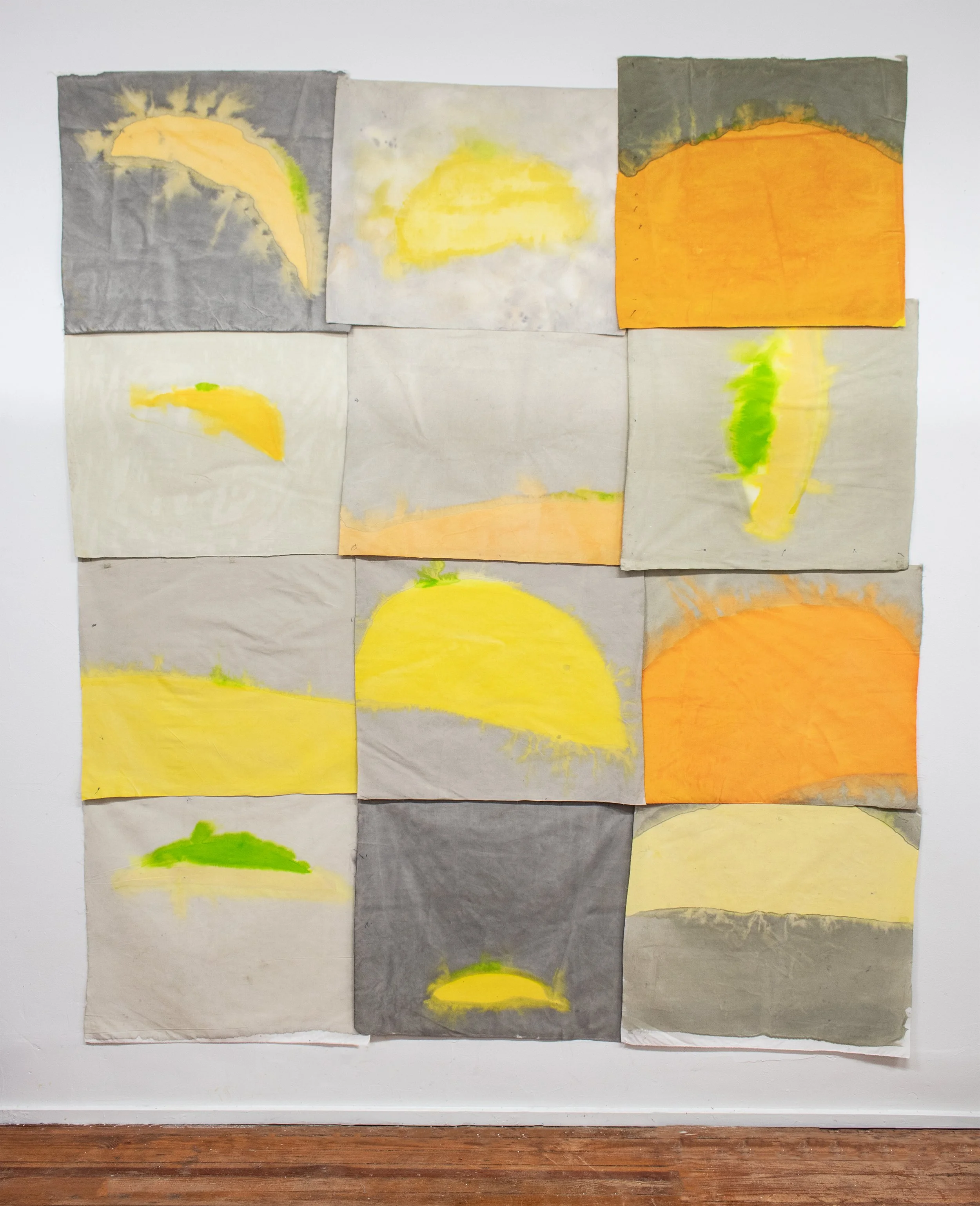 Song of Amergin (Pinned), Am dér gréne/I Am A Flash of the Sun, 2019, Acrylic, dye, muslin, map pins, 96” X 84”