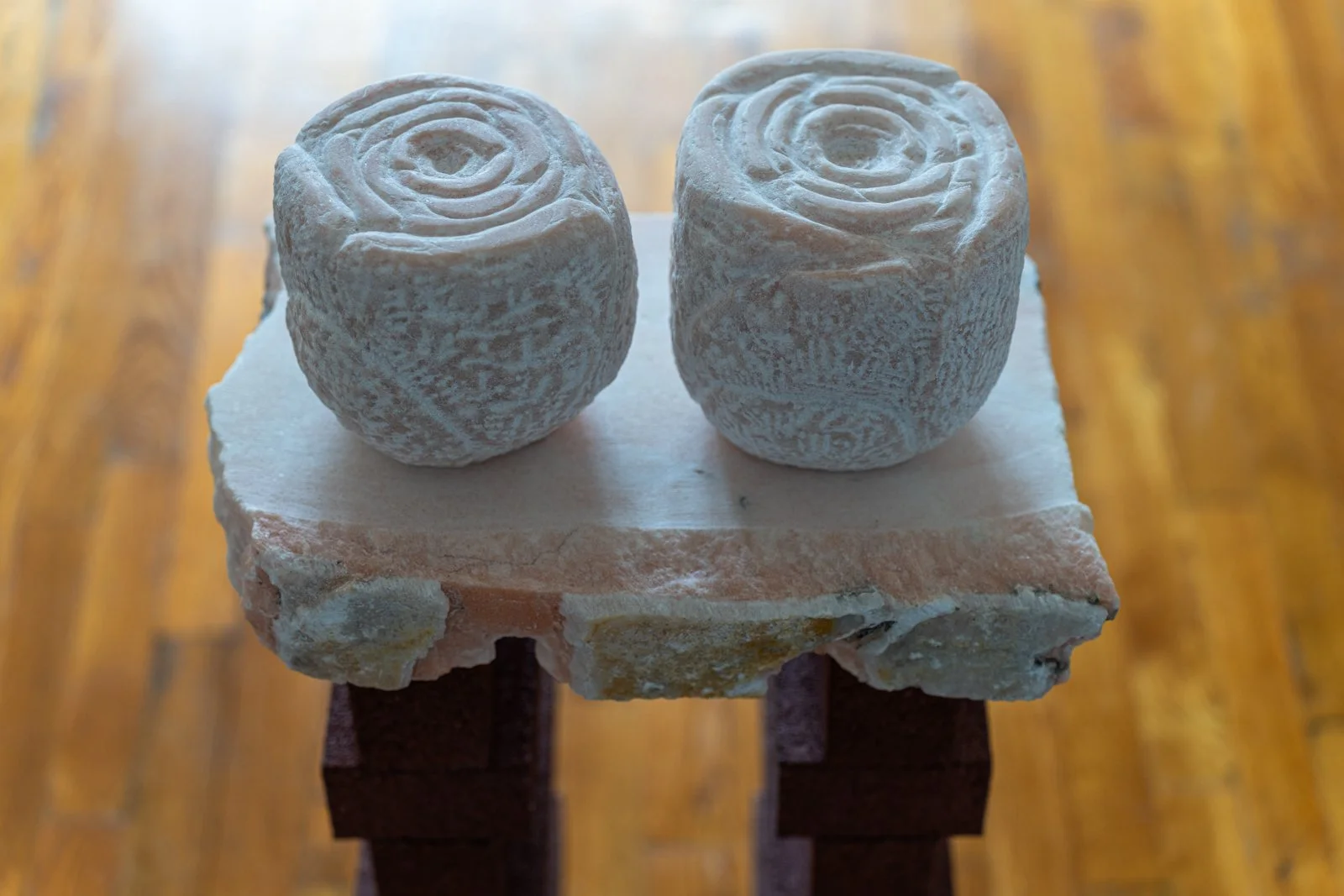 “Love Is Mysterious, It Always Helps To Let Go, Doesn’t It?” The Woman Said To Me, and I Saw Two Cosmic Blooms Before My Eyes Which I Knew Were A Vision Of Love (Blooms), 2024, Marble, brick, 30” X 14” X 9.5”, (Detail)