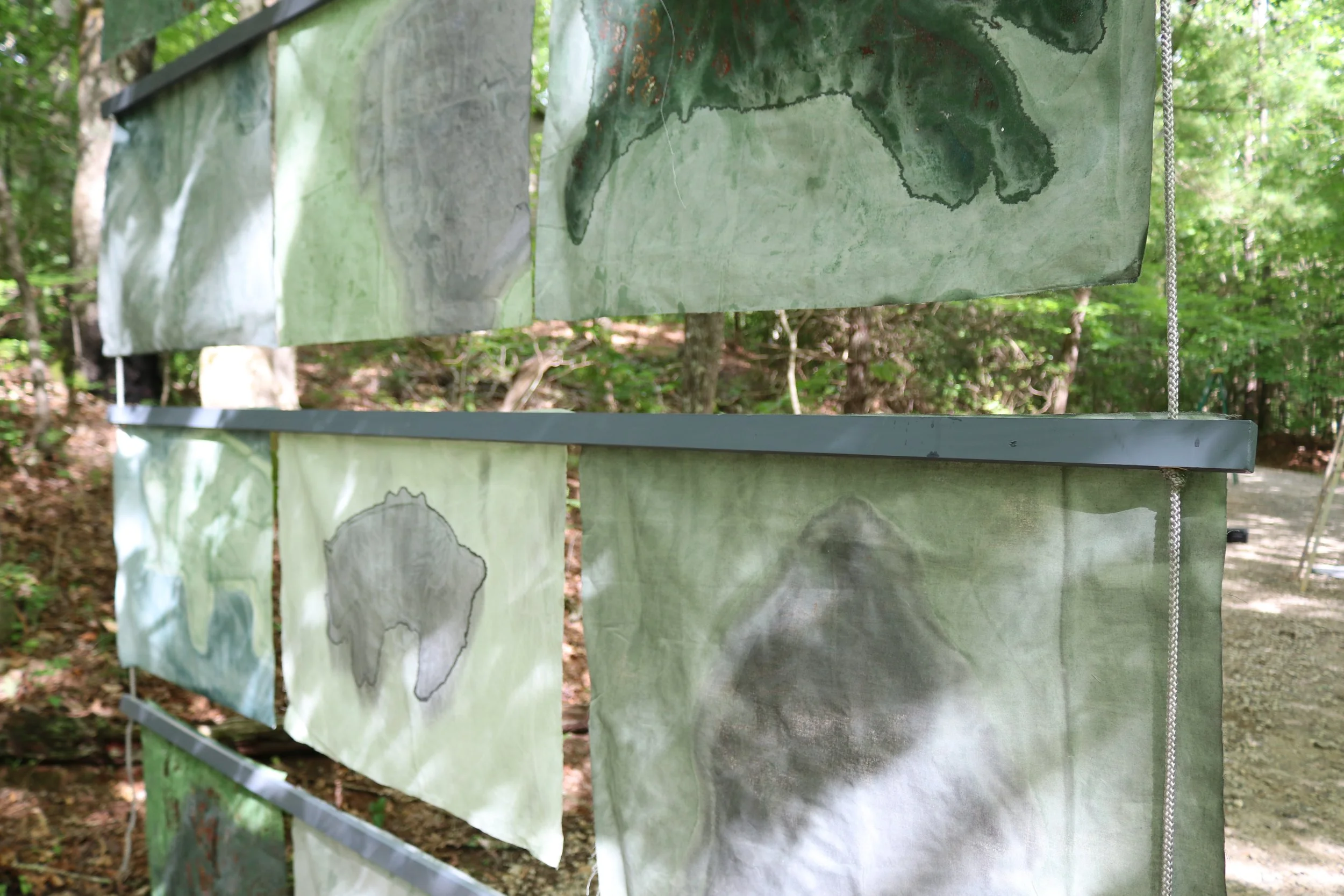 Song of Amergin (Floating, outdoors), Am Torc Ar Gail/I Am A Strong Wild Boar, Acrylic, dye, muslin, rope, 120” X 96”, Installation at the Hambidge Center for the Arts, Rabun Gap, GA, 2019, (detail ii)
