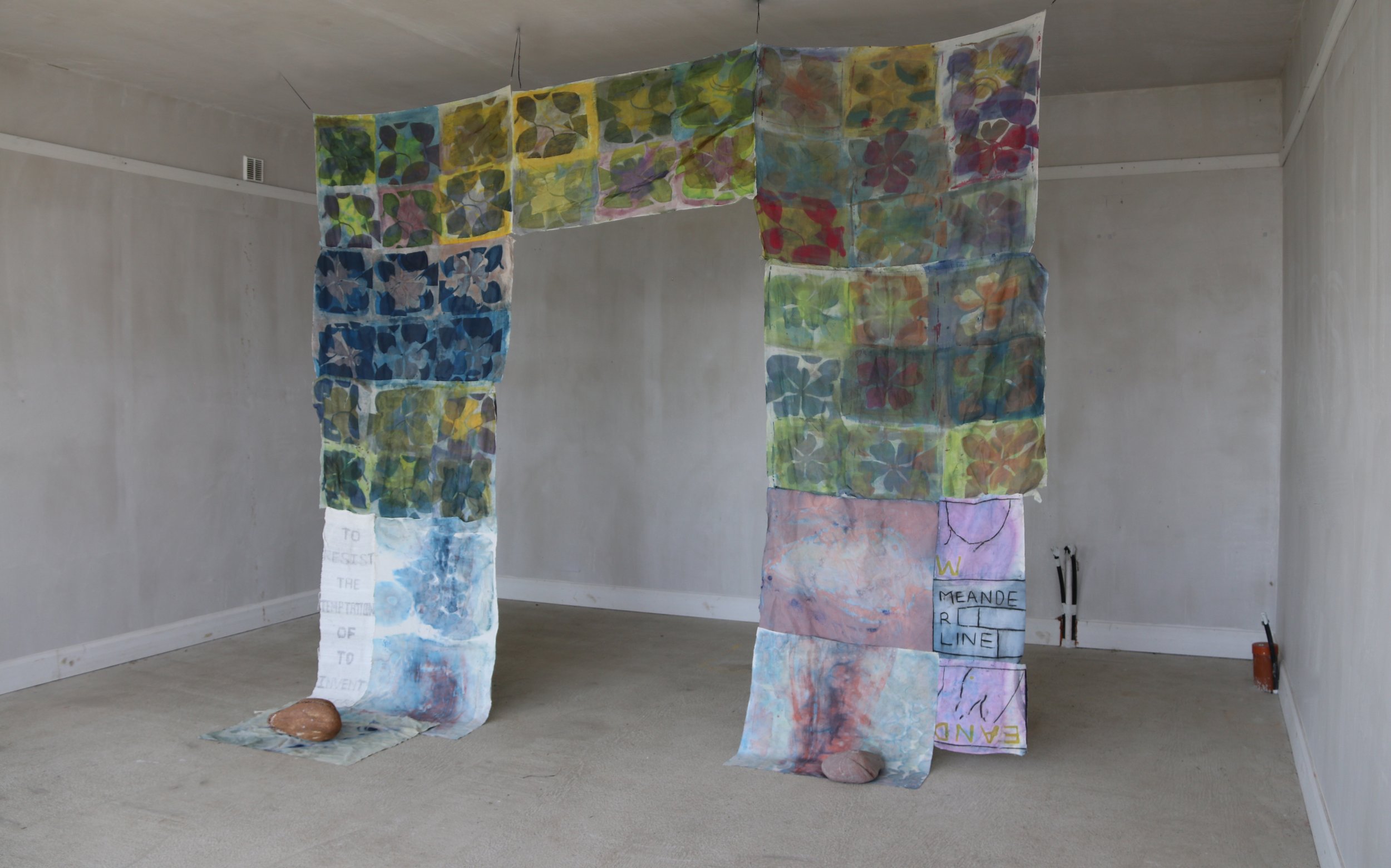 Untitled (I, crown), Silk, cotton, muslin, dye, acrylic, charcoal, thread, stone, 2018-2026
