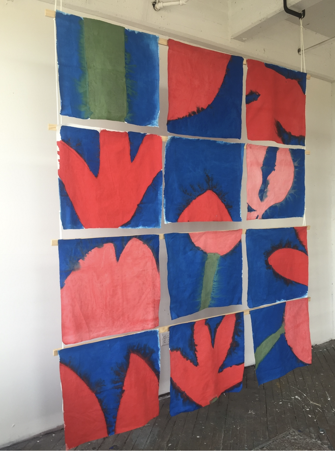 Song of Amergin (Floating with clamps), Am cain lubai/I am the most beautiful of plants (i), 2019, Acrylic, dye, muslin, rope, wood, clamps, 120” X 96," view i 