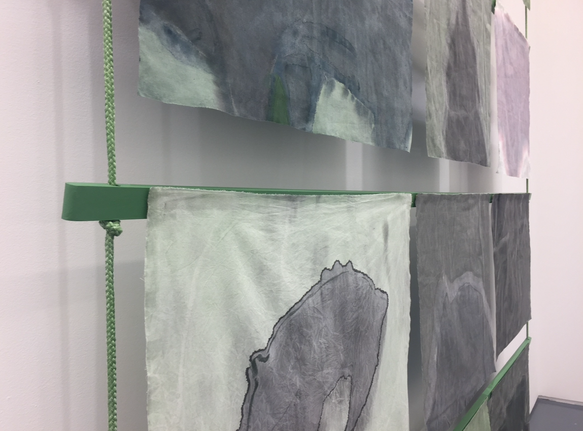 Song of Amergin (Floating with wooden support), Am Torc Ar Gail/I Am A Strong Wild Boar, 2019, Acrylic, dye, muslin, rope, wood, 120” X 96” X 6," detail i