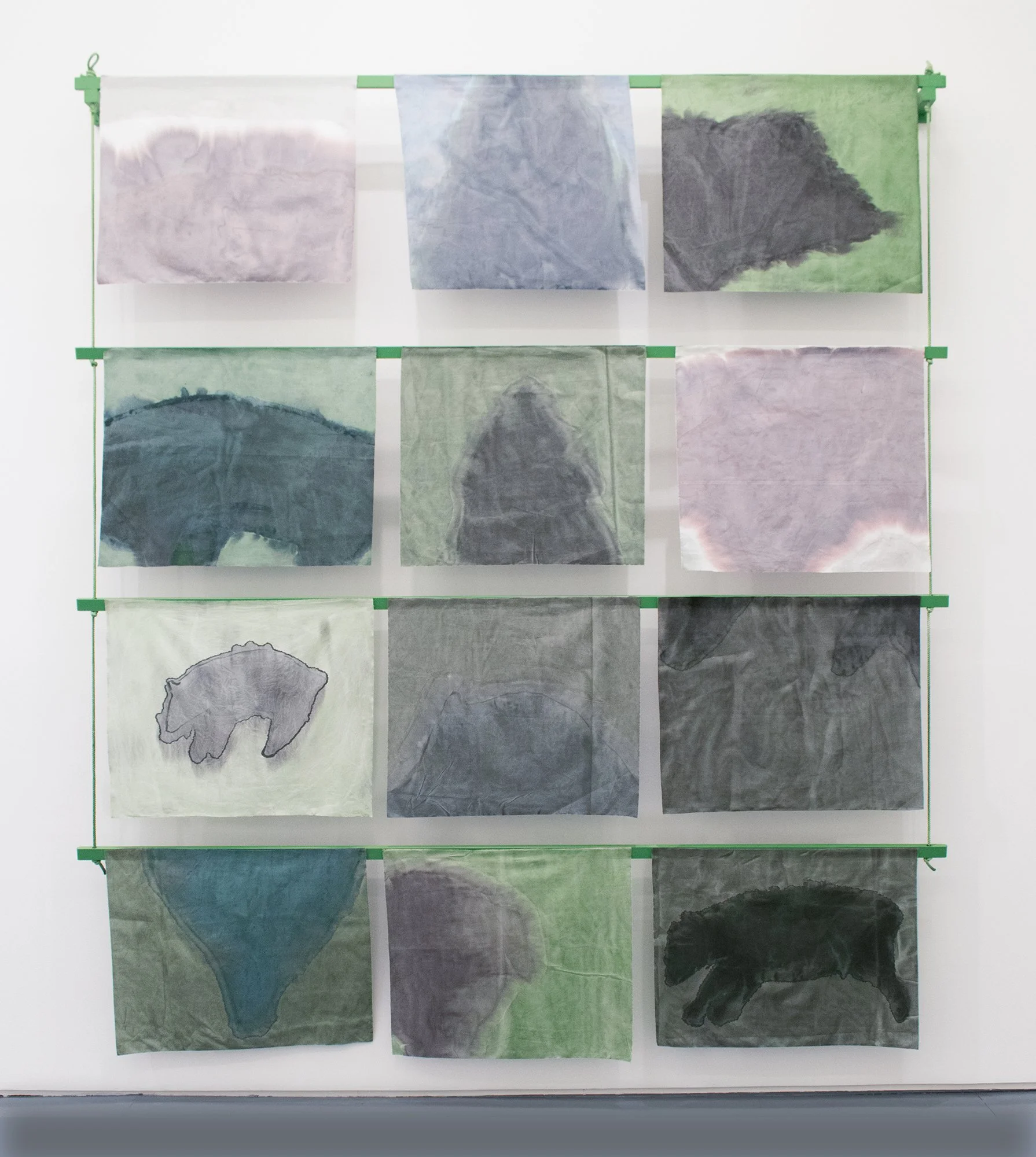 Song of Amergin (Floating with wooden support), Am Torc Ar Gail/I Am A Strong Wild Boar, 2019, Acrylic, dye, muslin, rope, wood, 120” X 96” X 6," Installation view ii