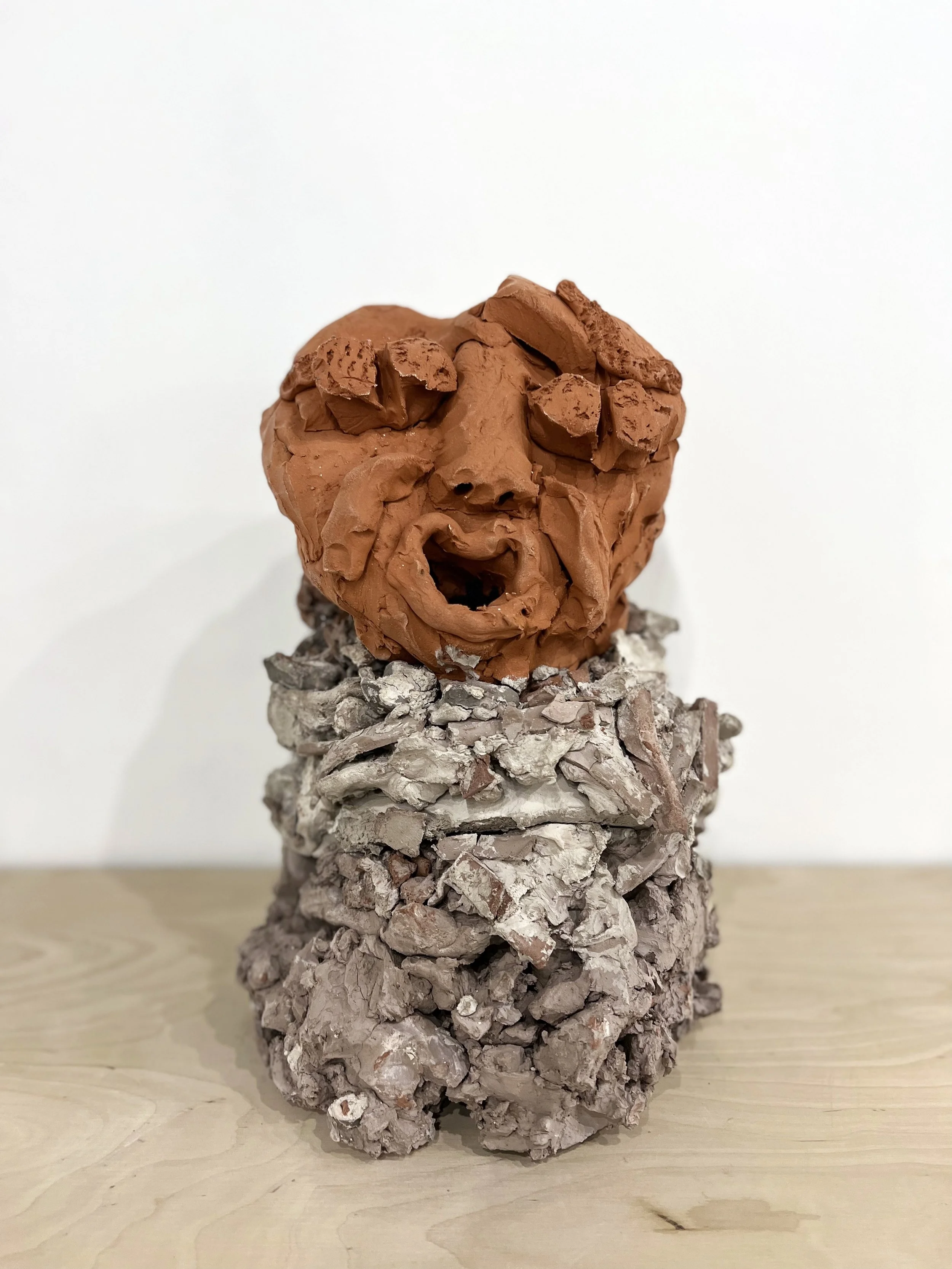 Crier (XIV), Unfired and fired clay, 14” X 9” X 8”, 2022 

Photo Credit: Laura Zaveckaite