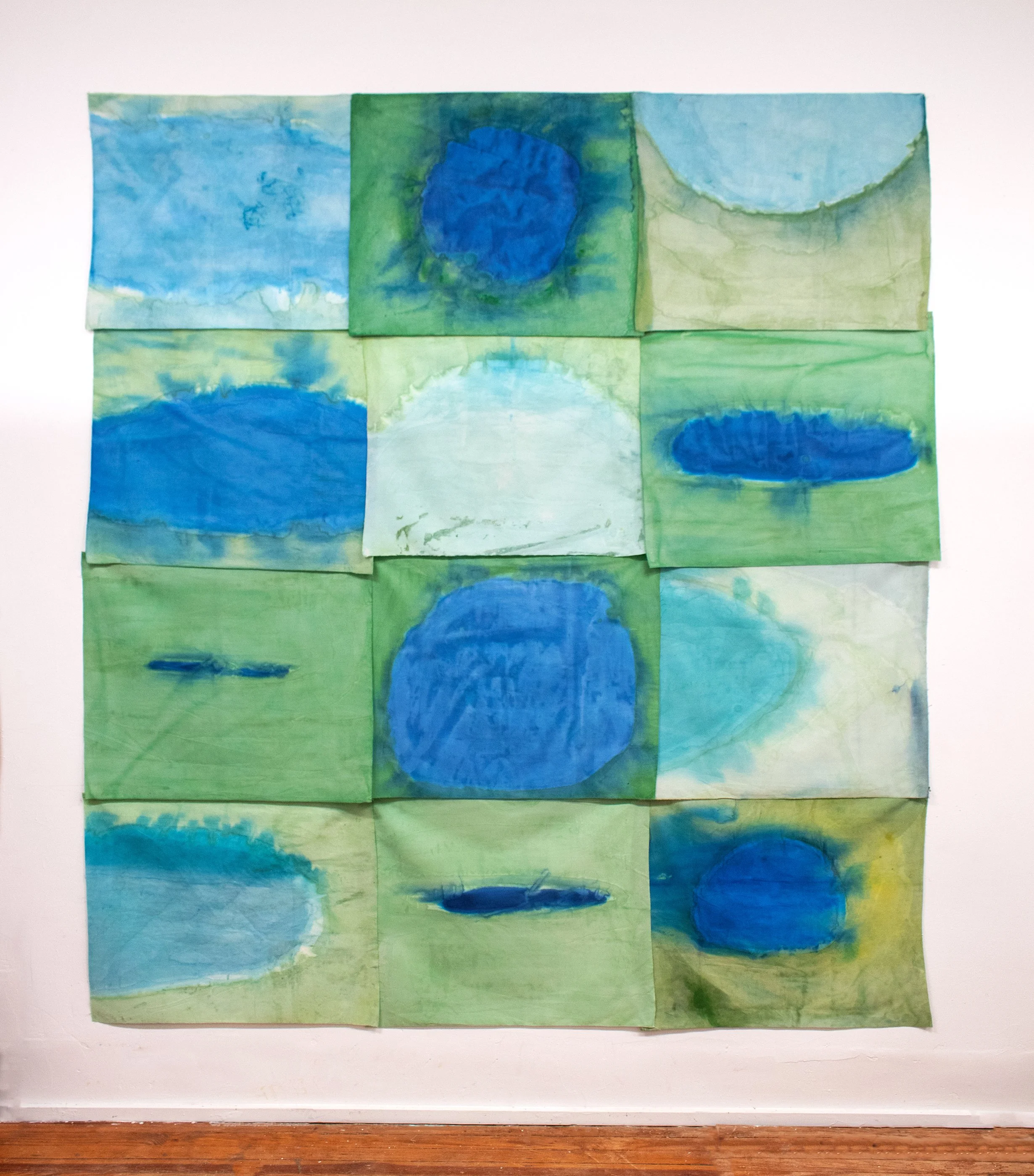 
Song of Amergin (Pinned), Am loch i mmaig/I Am A lake in the plain 2019, Acrylic, dye, muslin, map pins, 96” X 84”