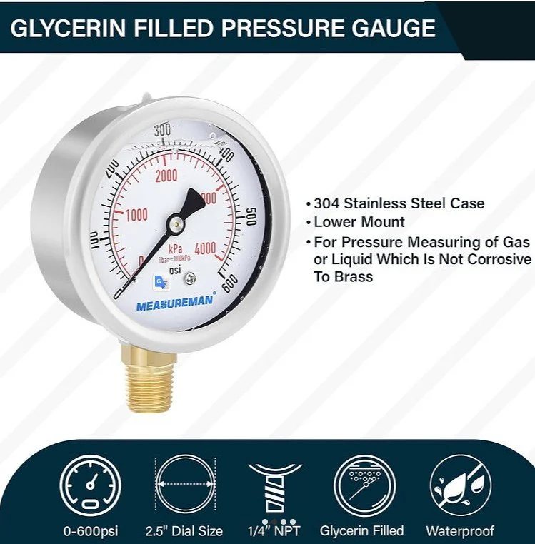 MMAN 2-1/2" dial,Glycerin Filled, SS case, Brass Inside, 0-3000psi/kpa,1/4" NPT