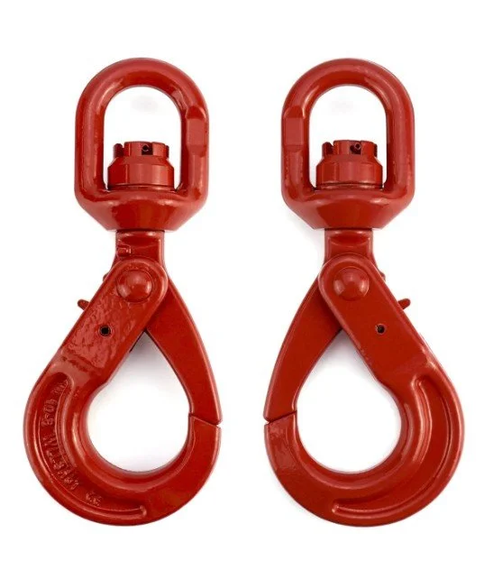 QWORK Grade 80 Drop Forged Steel Swivel Self-Locking Hook, 2 Pack Safety Hooks, 7100Lb Hoisting, Large Swivel Eyes 3/8" Trade, Painted Finish