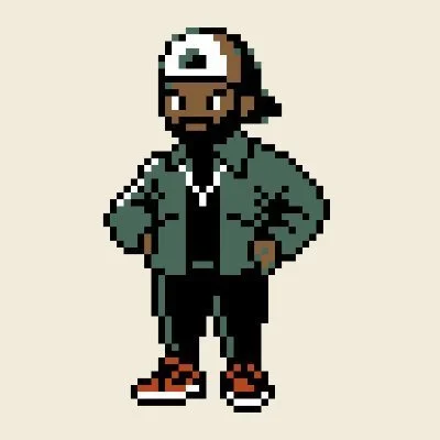 Pixel art character of a man wearing a cap, green jacket, black pants, and red shoes, with hands on hips.