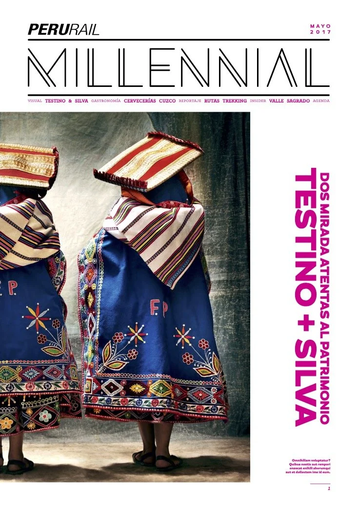 Cover page of Peru Rail Millennium magazine, May 2017 issue, featuring two women in traditional Peruvian attire with embroidered dresses and striped headscarves, standing against a plain background.