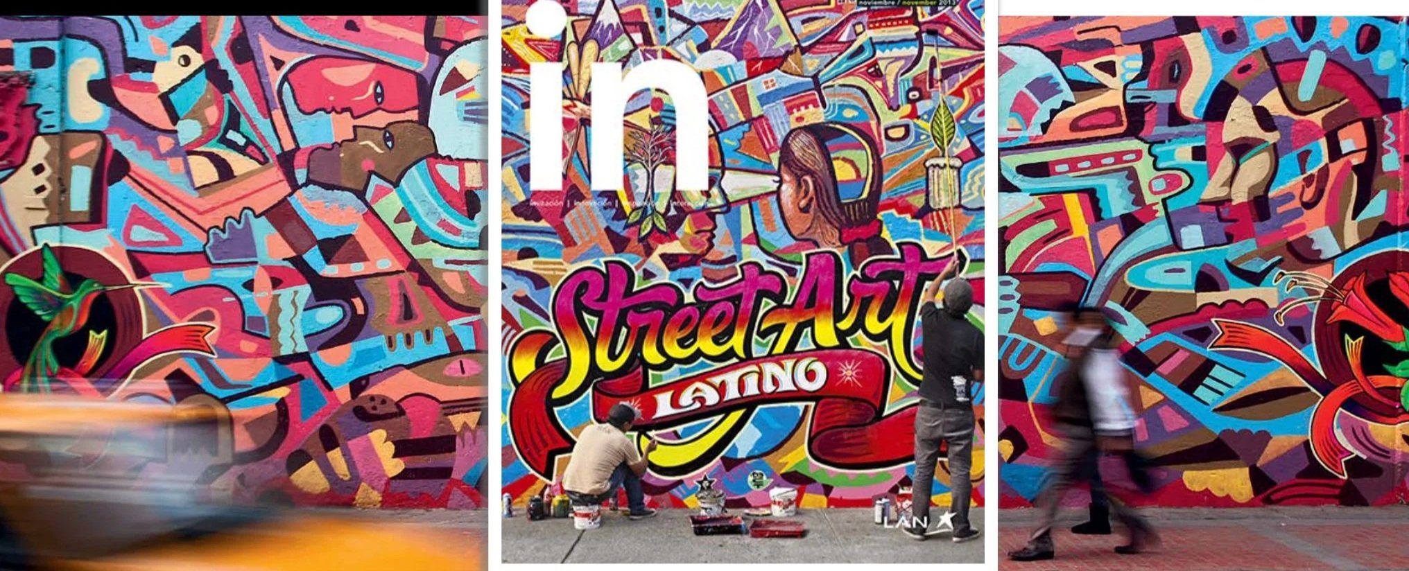 Colorful mural art wall with the words 'Street Art Latino' and several people working on it, including a person taking a photo and others spray painting and painting with brushes.