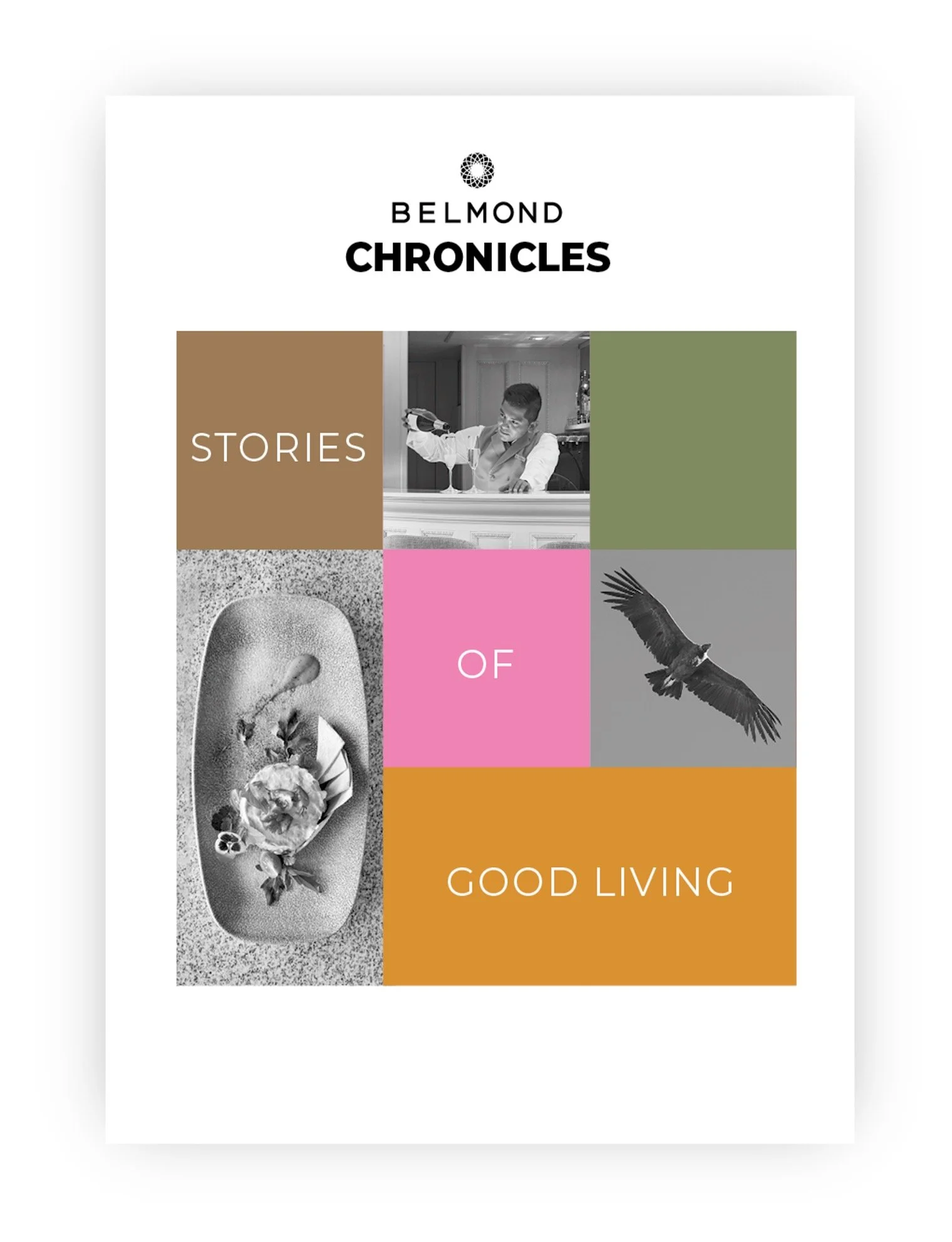 Cover of a book titled 'Belmond Chronicles: Stories of Good Living' with a grid of images including a person pouring a drink, a dish with flowers, and a flying bird, in black and white with colored blocks.