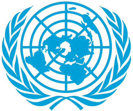 United Nations emblem with a world map surrounded by olive branches in blue.
