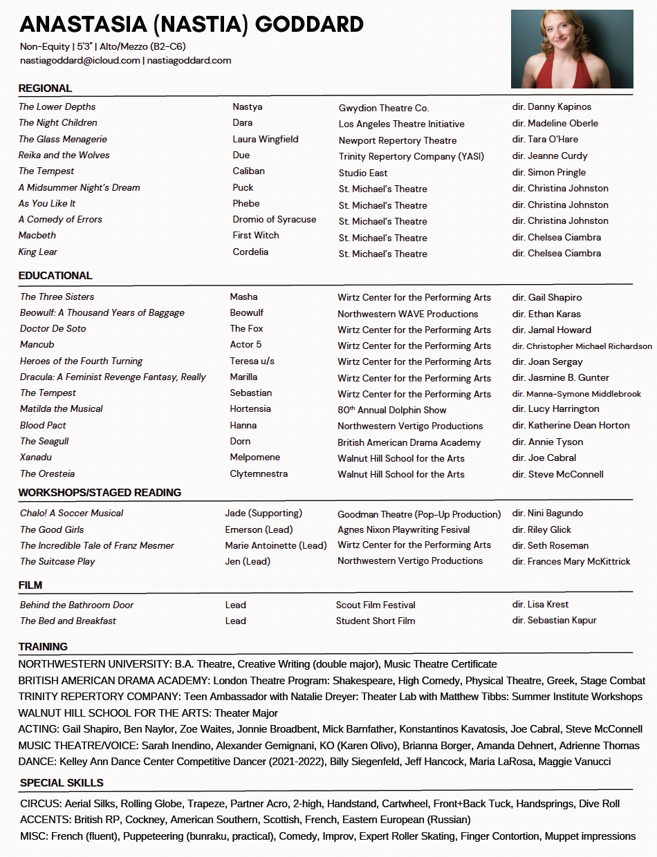 A detailed resume for Anastasia (Nastia) Goddard, including her physical description, contact email, and comprehensive list of theatrical and educational performances, workshops, film roles, training, and special skills.