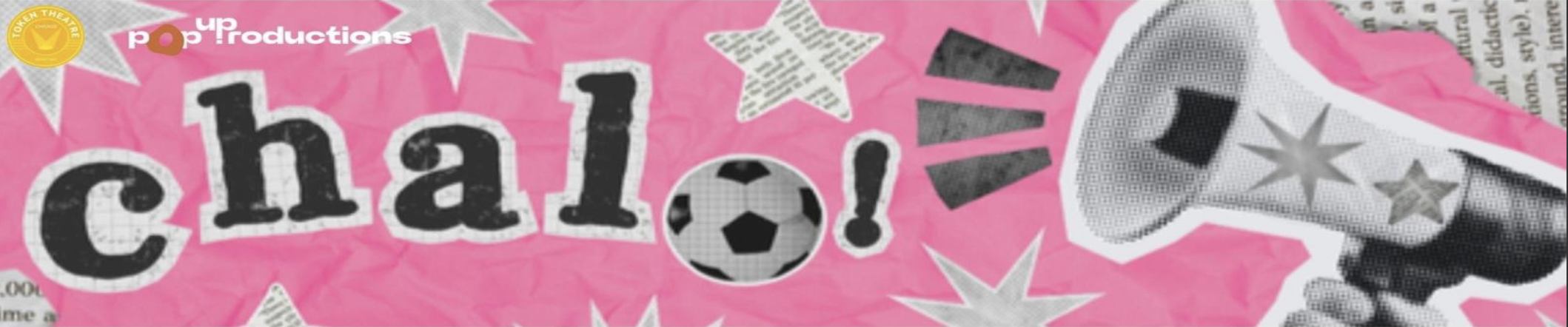 Collage of pink background with torn paper text reading 'champion', a soccer ball 'o', and a megaphone with star patterns, stars and exclamation marks, related to sports celebration.