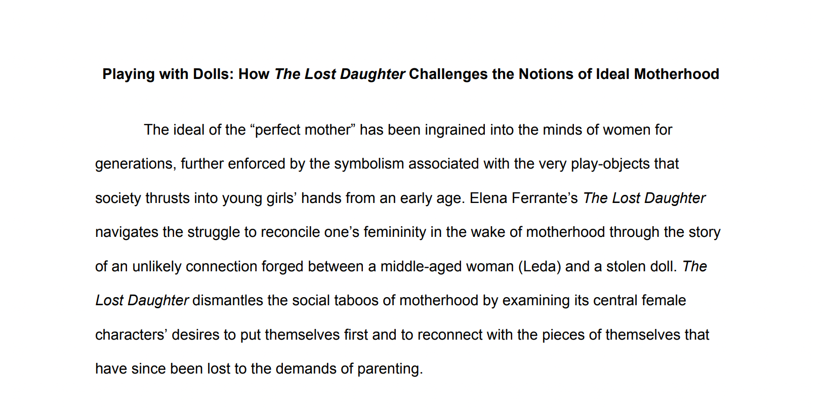 Page of text discussing the themes of Elena Ferrante's The Lost Daughter and challenges to traditional motherhood depicted through a story involving a middle-aged woman and a stolen doll.