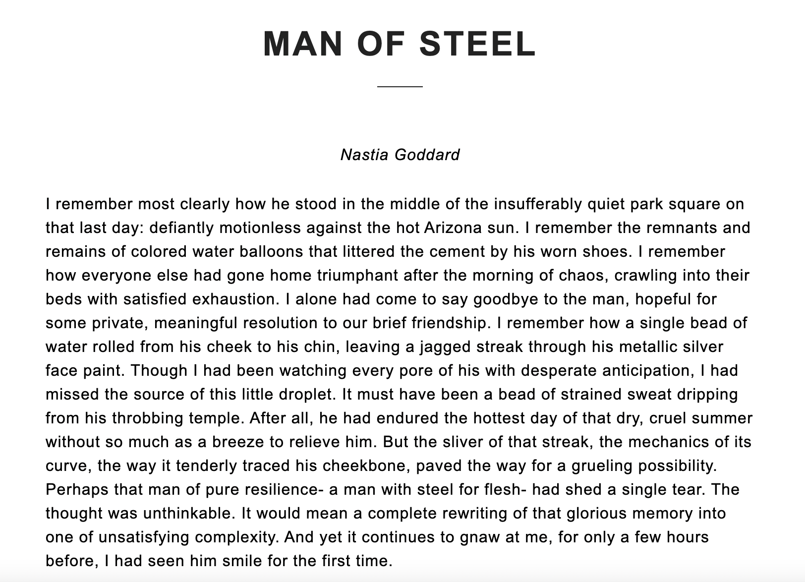 Title page of a book titled 'Man of Steel' by Nastia Goddard, showing the first few lines of the introductory text.