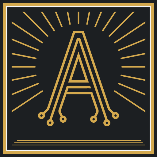 Stylized letter 'A' formed with circuit-like lines, surrounded by radiating lines on a black background, with a gold frame.