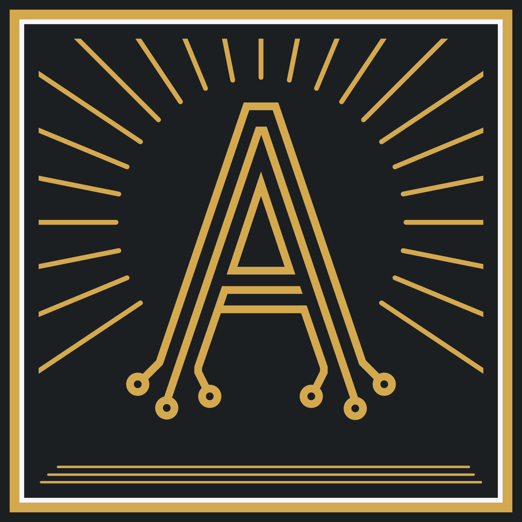 A stylized graphic of a circuit board with gold lines and nodes on a black background, framed with a gold border.