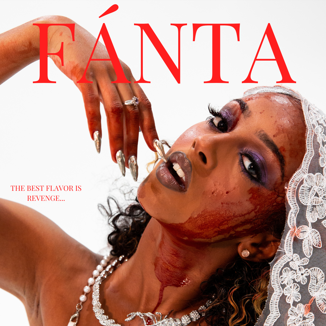 A woman with curly hair and dark makeup, wearing a lace headpiece and jewelry, with blood splatters on her face and neck, holding her hand near her face with long metallic nails, and the word 'FÁNTA' in large red letters above her. Small red text rea