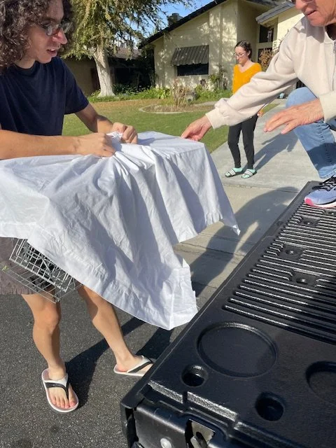 The Whisker Project of Kern-TNR:  People unloading a dog crate and a wrapped object from a vehicle near a barbecue grill outdoors.