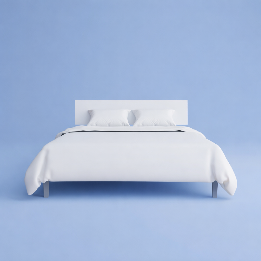 comfortable bed with white bedspread on a blue background