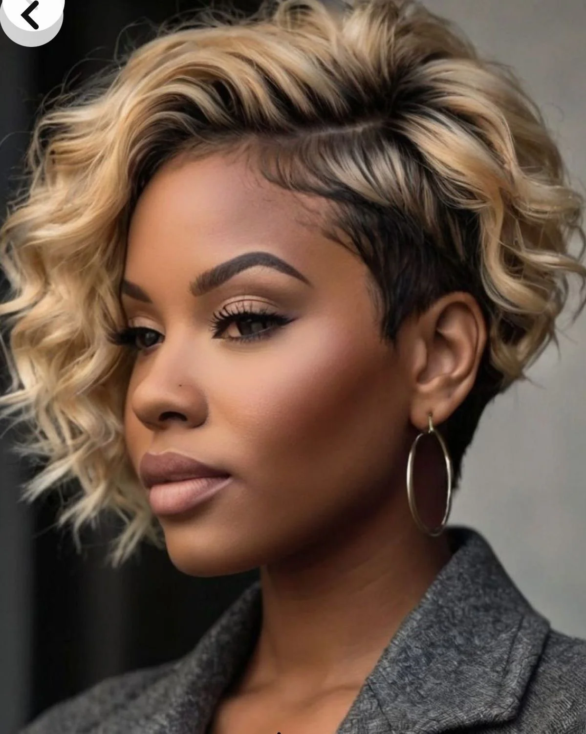 Close-up portrait of a woman with styled, short, curly blonde hair with dark roots, wearing makeup, hoop earrings, and a gray blazer.