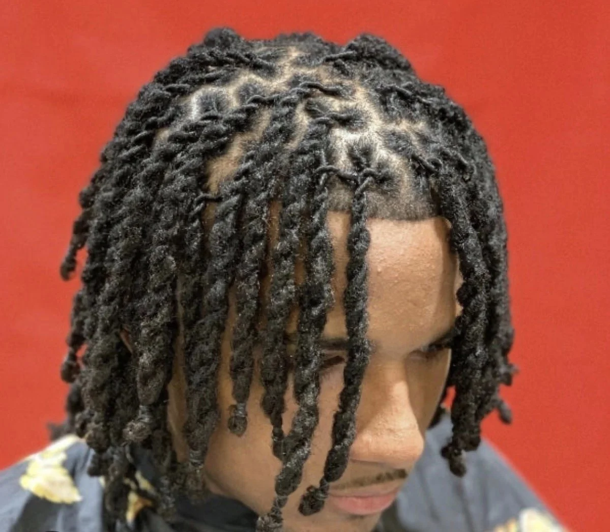 Close-up of a person with black twisted dreadlocks in front of a red background.