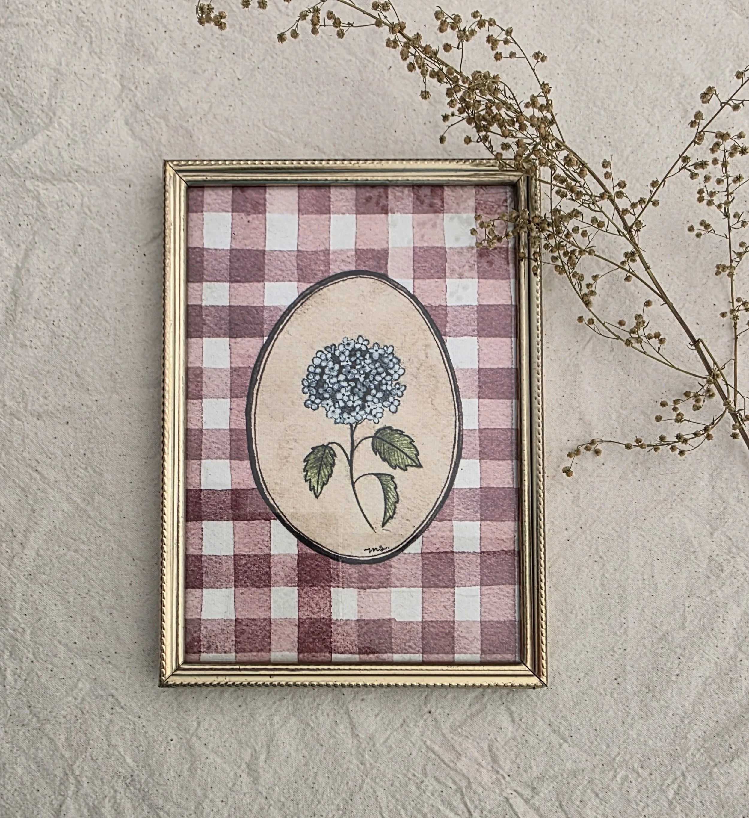 "Gingham Hydrangea" 5x7 Framed Art