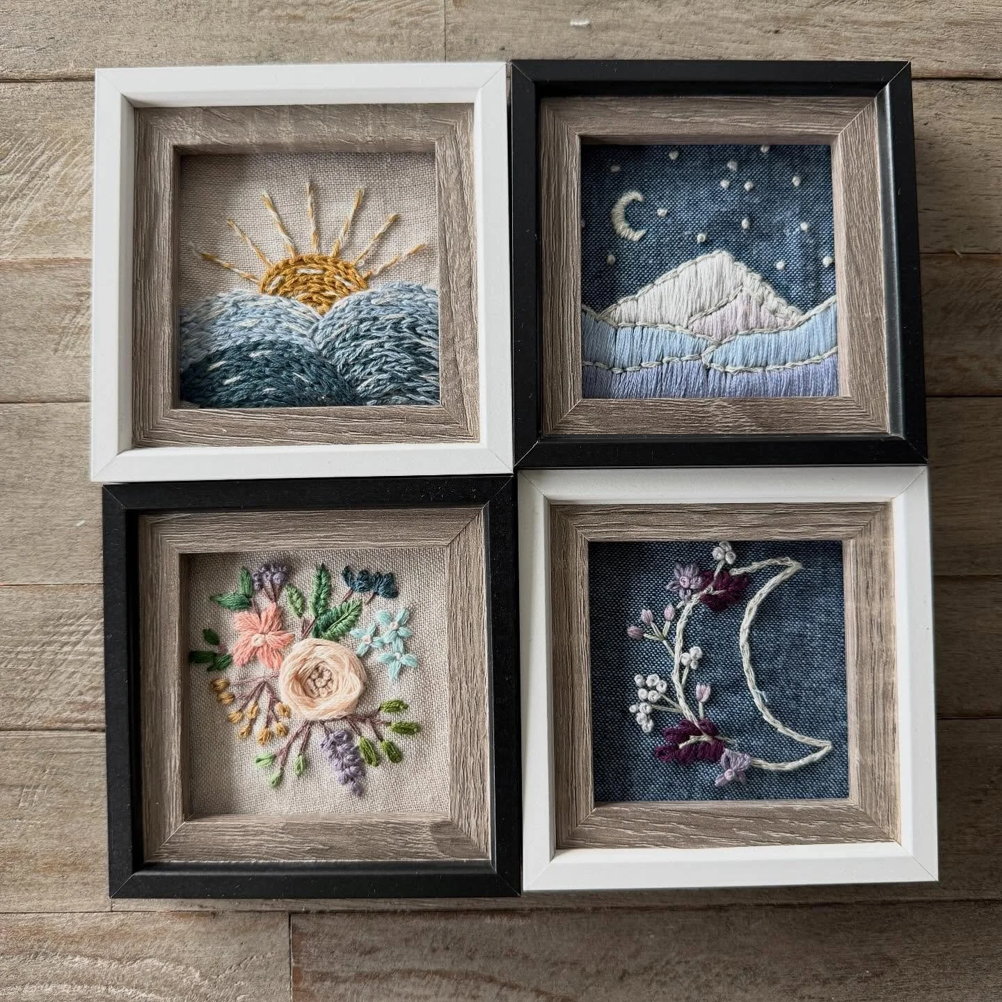So the embroidery journey continues! I heard you - some people weren&rsquo;t sure about hanging the actual embroidery hoop on the wall. That&rsquo;s fair! So problem solved&hellip;.introducing framed embroidery minis!! These sweet pieces will be avai