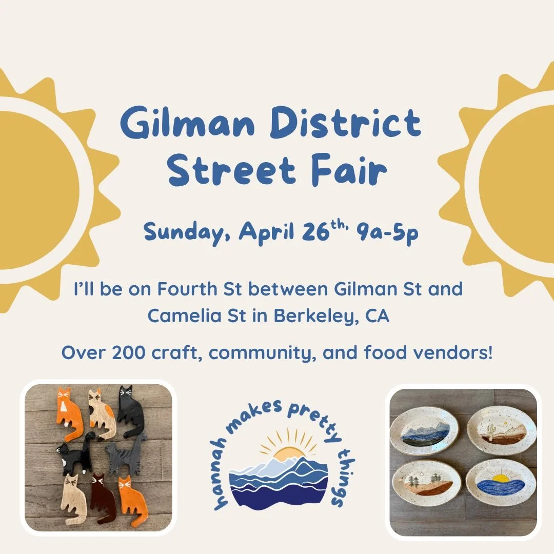 This one is gonna be a BIG DAY!!! Come play in Berkeley at the Gilman District Street Fair - there are so many wonderful vendors of all kinds and many activities. I have so many new pretty things for you - new ceramic designs, fabric landscapes, embr