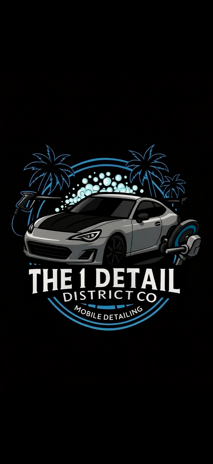 Logo for The 1 Detail District Co, a mobile car detailing service, features a modern sports car with palm trees, bubbles, and car wash equipment in the background on a black backdrop.