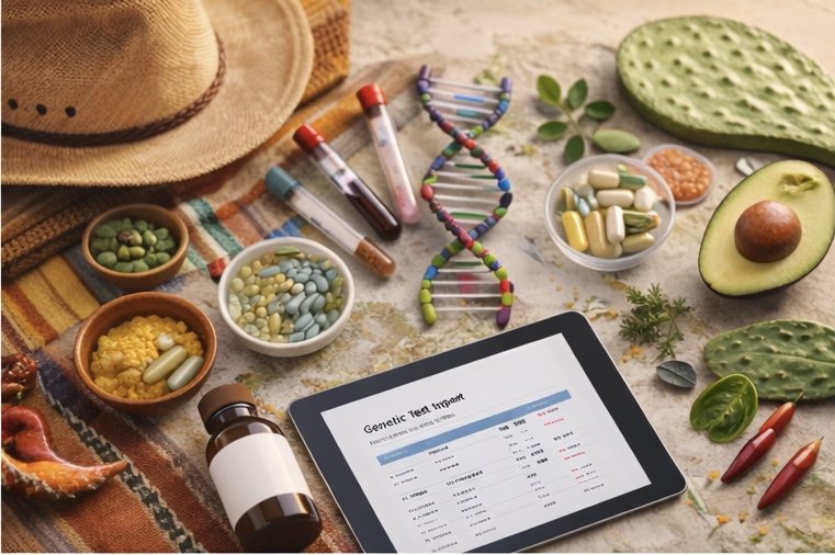 Medical and genetic testing items including test tubes with blood samples, pills, capsules, an avocado, cactus pads, herbs, and a digital device displaying a genetic test report on a table.