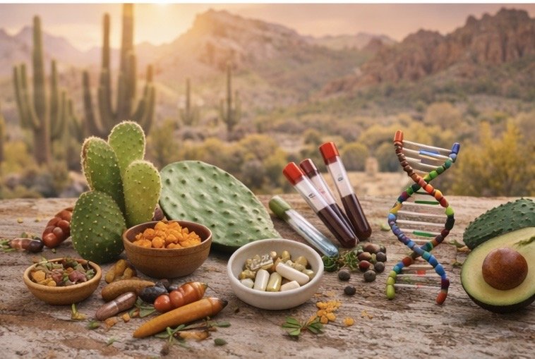 Cacti and succulents on a wooden surface with bowls of supplements, blood sample vials, and an avocado, set against a desert landscape at sunset.