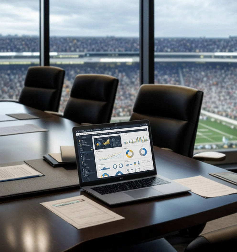 Professional operations sports consulting. A conference room with a laptop displaying analytics charts and graphs, surrounded by documents and notebooks, with large windows overlooking a sports stadium filled with spectators.