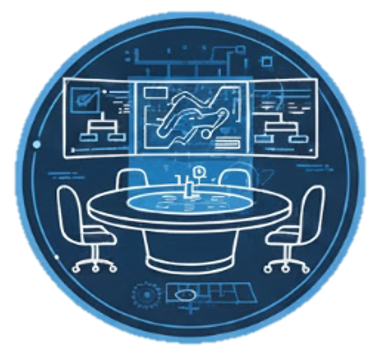 A futuristic conference room with a round table, two chairs, and multiple digital screens displaying data and charts.