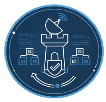 A digital illustration of a satellite dish atop a castle tower with a shield and checkmark, surrounded by connected digital devices and communication signals, representing satellite communication or cybersecurity.